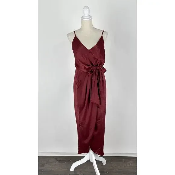 Aakaa Token Of Gratitude Satin Tie Midi Dress Womens Size Medium New Wine - Picture 3 of 14